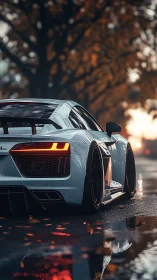 Wet street supercar rendered with cinematic depth of field