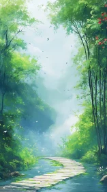 Wooden Bridge Through Misty Forest Canopy.