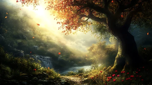 Sunlit autumn tree beside misty river in fantasy glade.