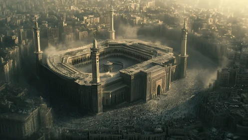 Aerial dystopian mega-mosque amid eroded desert metropolis.