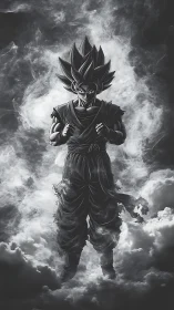 Monochrome anime warrior standing amid swirling clouds.