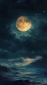 Full moon crowns storm-tossed midnight ocean horizon.