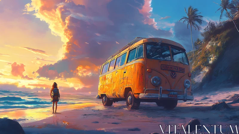 Sunlit retro van rests on tropical beach at vivid dusk.