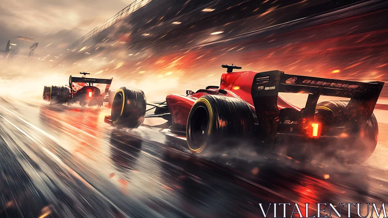 Red formula race cars charge through wet neon speedway.