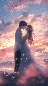 Sunset anime couple sharing quiet kiss under sakura petals.