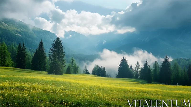 Sunlit alpine meadow under drifting mountain clouds.