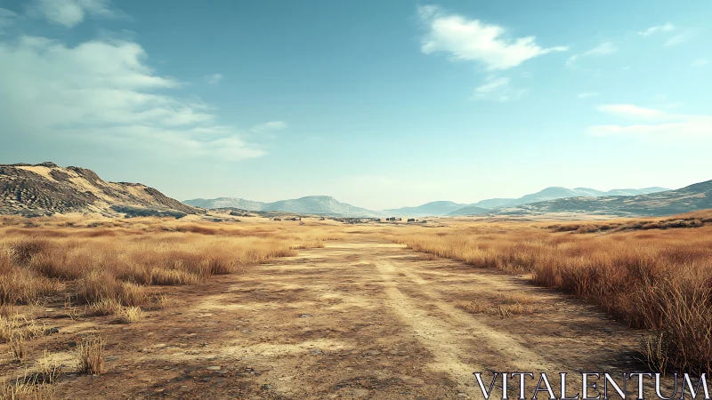 Arid steppe plain with dirt track receding toward distant hills