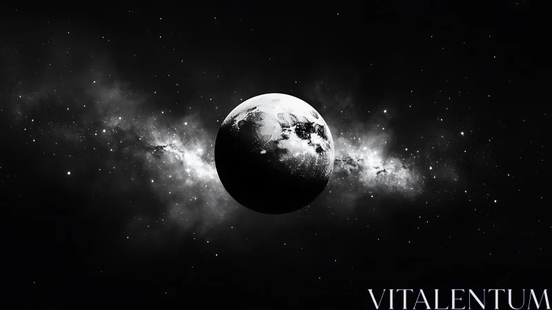 Monochrome exoplanet silhouette against dense galactic dustfield.