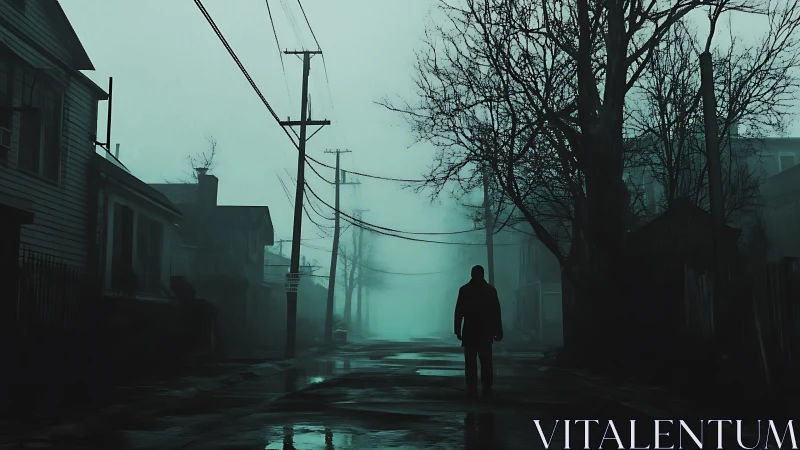 Solitary figure on wet foggy residential street at dusk.