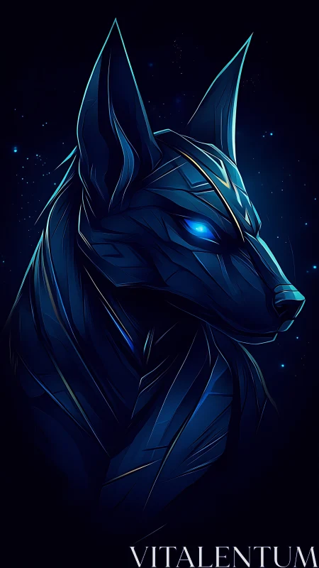 Stylized jackal-headed figure rendered in glowing blue lines