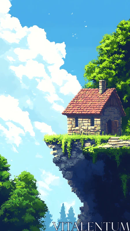 Pixel art cottage structure positioned on elevated terrain formation.
