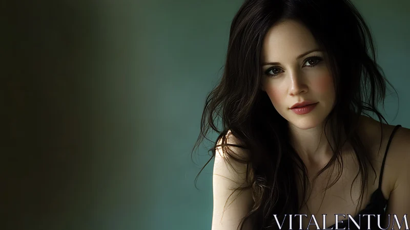 Soft portrait of woman in moody teal studio light.