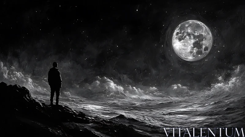 Lone silhouette drinks in moonlit waves under ink-black sky