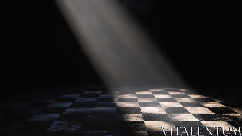 Oblique volumetric spotlight over worn checkerboard floor.