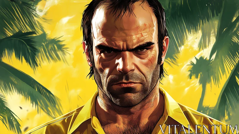 Digital painting portrait with tropical high-contrast backdrop.