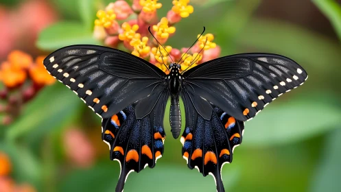 Midnight butterfly rests softly on vivid garden blooms
