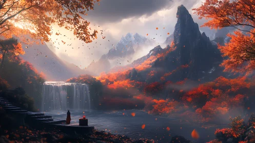 Autumnal cascade valley with cloaked observer and misted ridges.