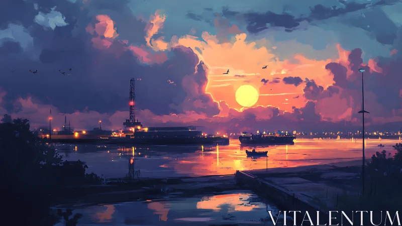 Harbor sunfire drifting across twilight clouds and silent ships.