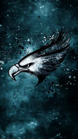 Stormlit eagle head bursting through deep teal night sky.