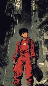 Crimson drifter stalks neon canyons of a crumbling future.