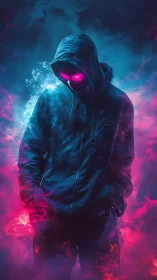 Neon hooded figure in magenta cyan vapor glow portrait.