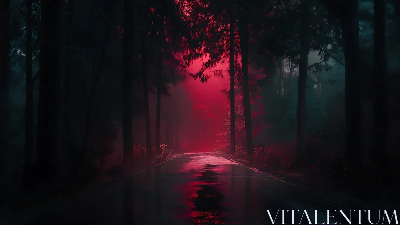 Forest Road at Dusk with Crimson Atmospheric Glow.