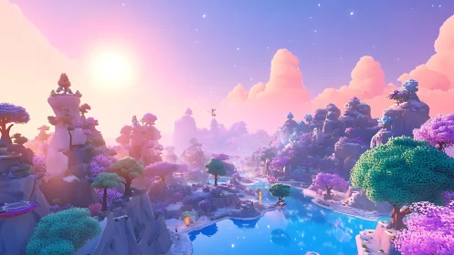 3D rendered fantasy landscape with ethereal pink and blue color grading