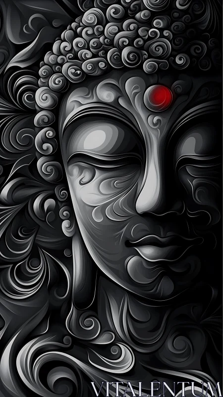 Monochrome stylized Buddha portrait with red forehead jewel
