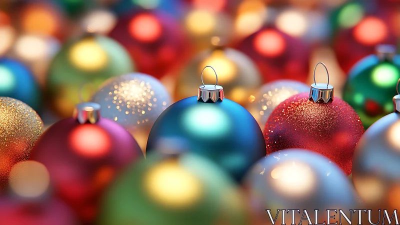 Colorful Christmas ornaments glow in festive holiday light