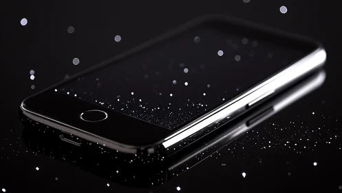Smartphone on black surface with reflective bokeh dust glow.