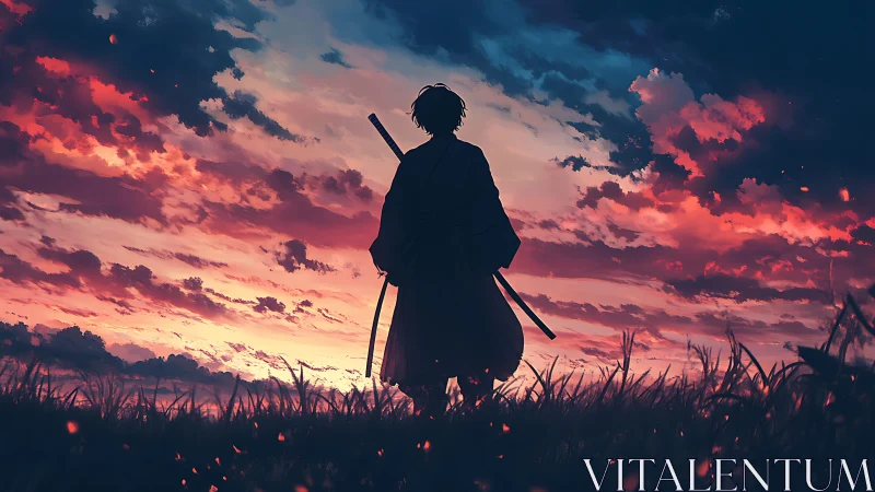 Silhouetted samurai observes high-contrast twilight cloudfield gradients