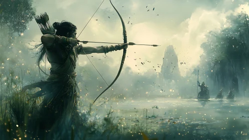 Archer aims across misty river toward distant warriors.