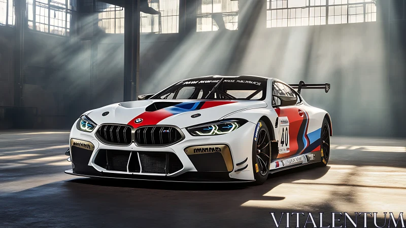 Sunlit BMW race beast prowls through an abandoned factory.