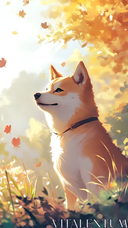 Autumn backlit dog portrait uses soft rim lighting and warm bokeh