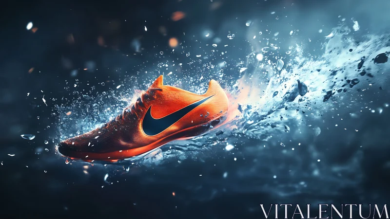 Electric orange running shoe slicing through wild water.
