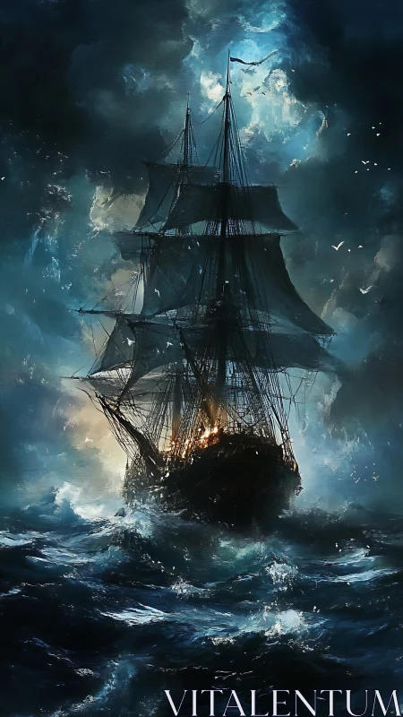 Storm-tossed ship sailing through a moonlit, roaring sea.