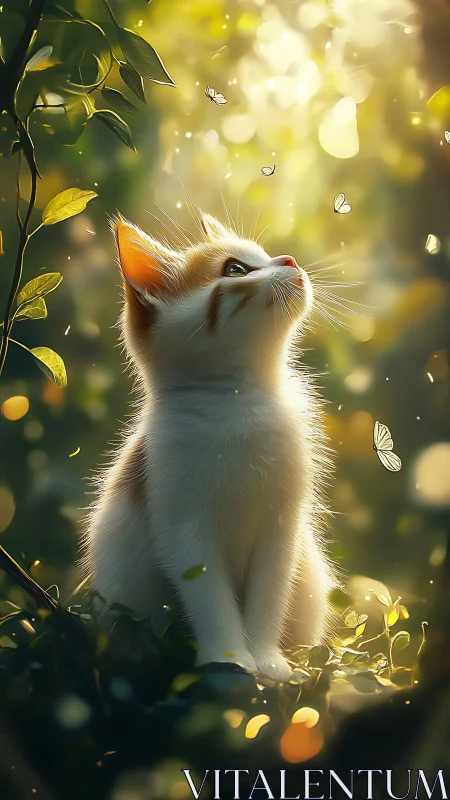 Golden forest kitten watches drifting butterflies calmly.