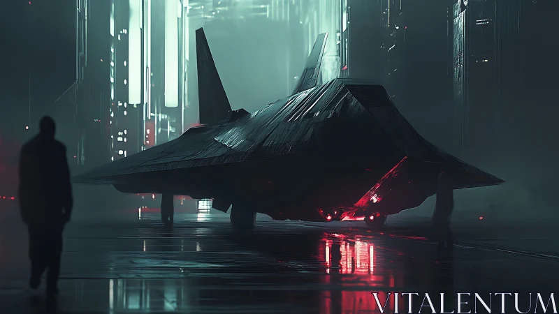 Midnight hangar meeting with a sleek neon stealth craft.