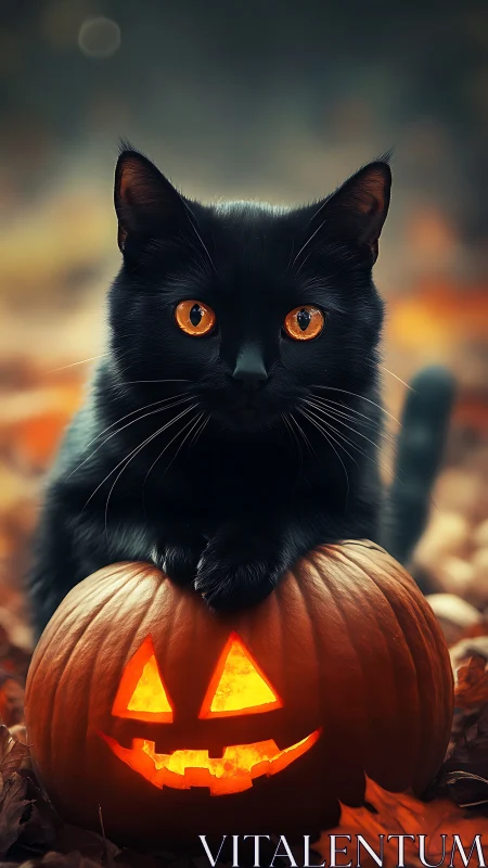 Black Cat's Halloween Glow: Mystical Eyes Meet Jack-o'-Lantern.