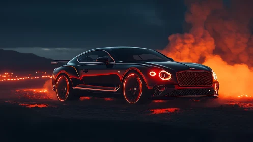 Luxury sports coupe blazes through fiery night landscape.