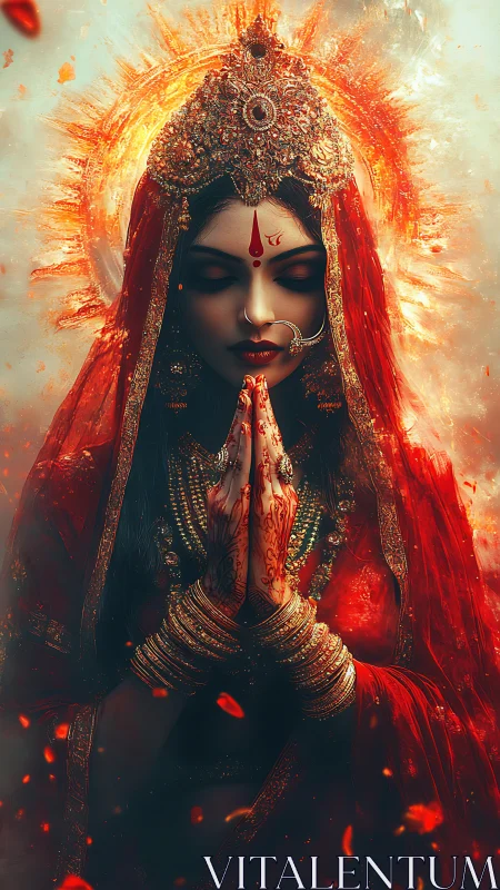 Digital painting of divine feminine avatar in fiery mandala frame.