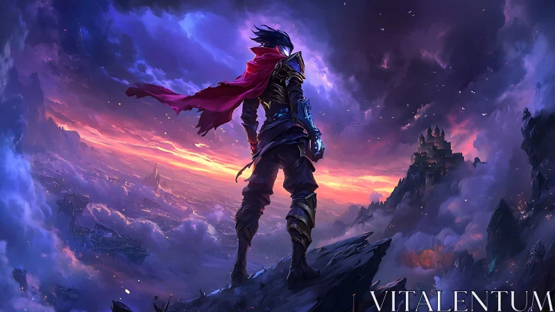 Lone fantasy warrior quietly surveys the stormlit kingdom