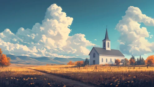 Country chapel under towering summer clouds at dusk.