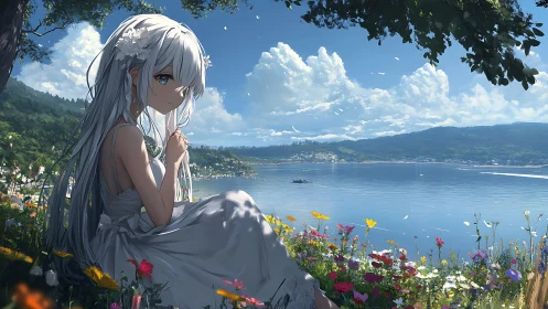 White haired girl by lakeside meadow under bright sky.