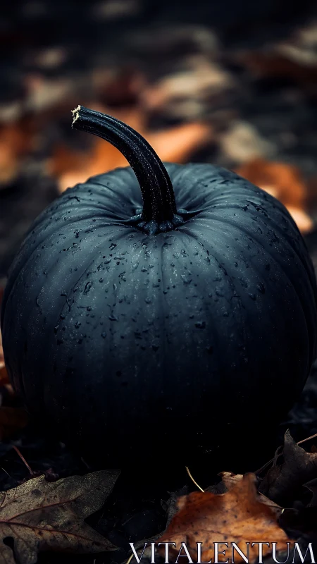 Matte black pumpkin with water droplets in autumn setting.