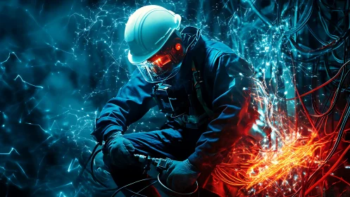 Cyberpunk technician in neon energy nexus, cinematic composition.