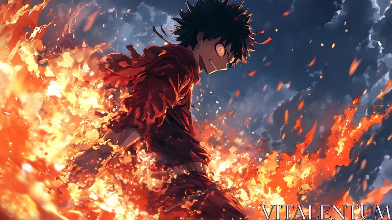 High-intensity anime character engulfed in dynamic volumetric flames