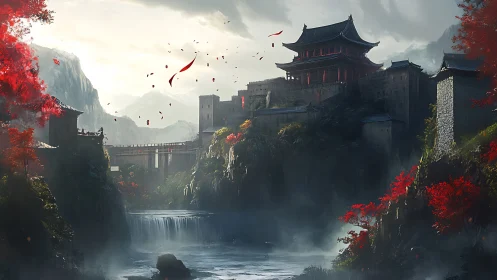 Fortified mountain temple complex overlooks misty waterfall