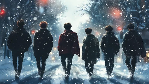 Winter night walk with friends under soft city snowflakes.