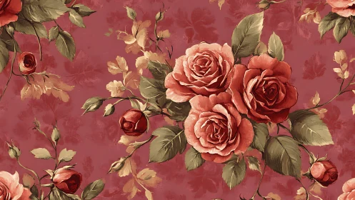 Romantic floral composition with layered crimson roses and foliage.
